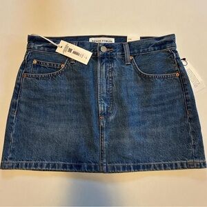 Denim Forum Medium Blue Denim Mini Skirt with Tan Leather Patch